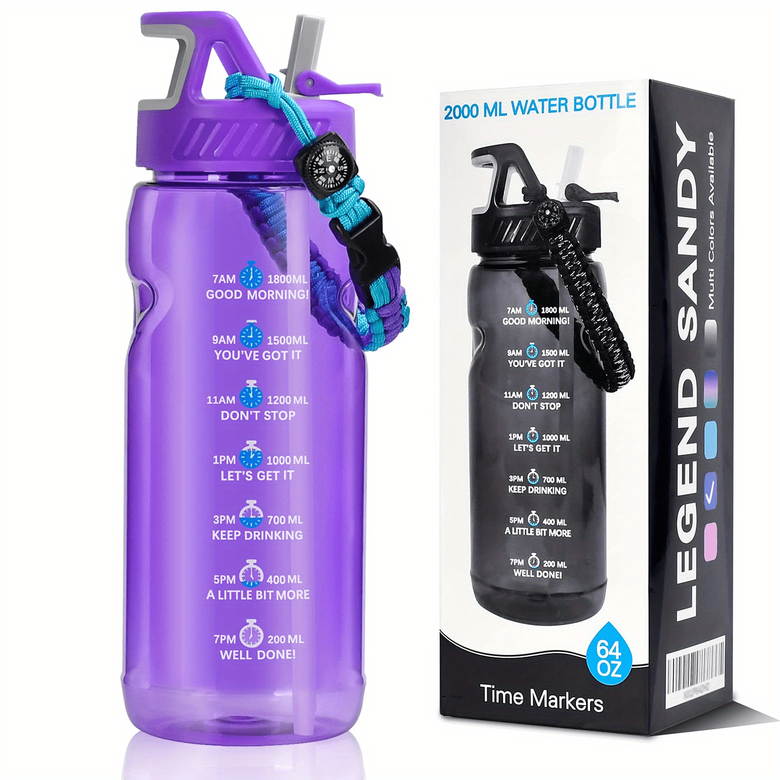 64 oz Motivational Water Bottle with Time Marker Half Gallon Water Bottle BPA Free with Handle and Straw, Large Clear Water Jug Wide Mouth with Flip