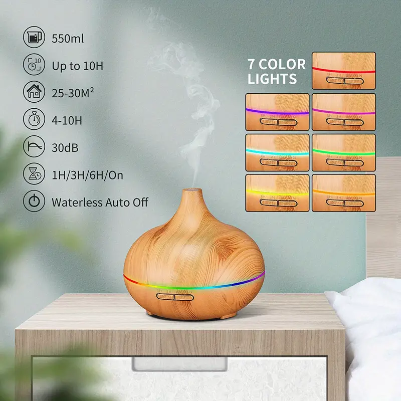 1pc aroma diffuser essential oil large room office 550ml wood color usb charge essential oil diffusers cool mist humidifier super quiet ambient 7 color led light waterless auto off aromatherapy diffuser for home bedroom gift details 2