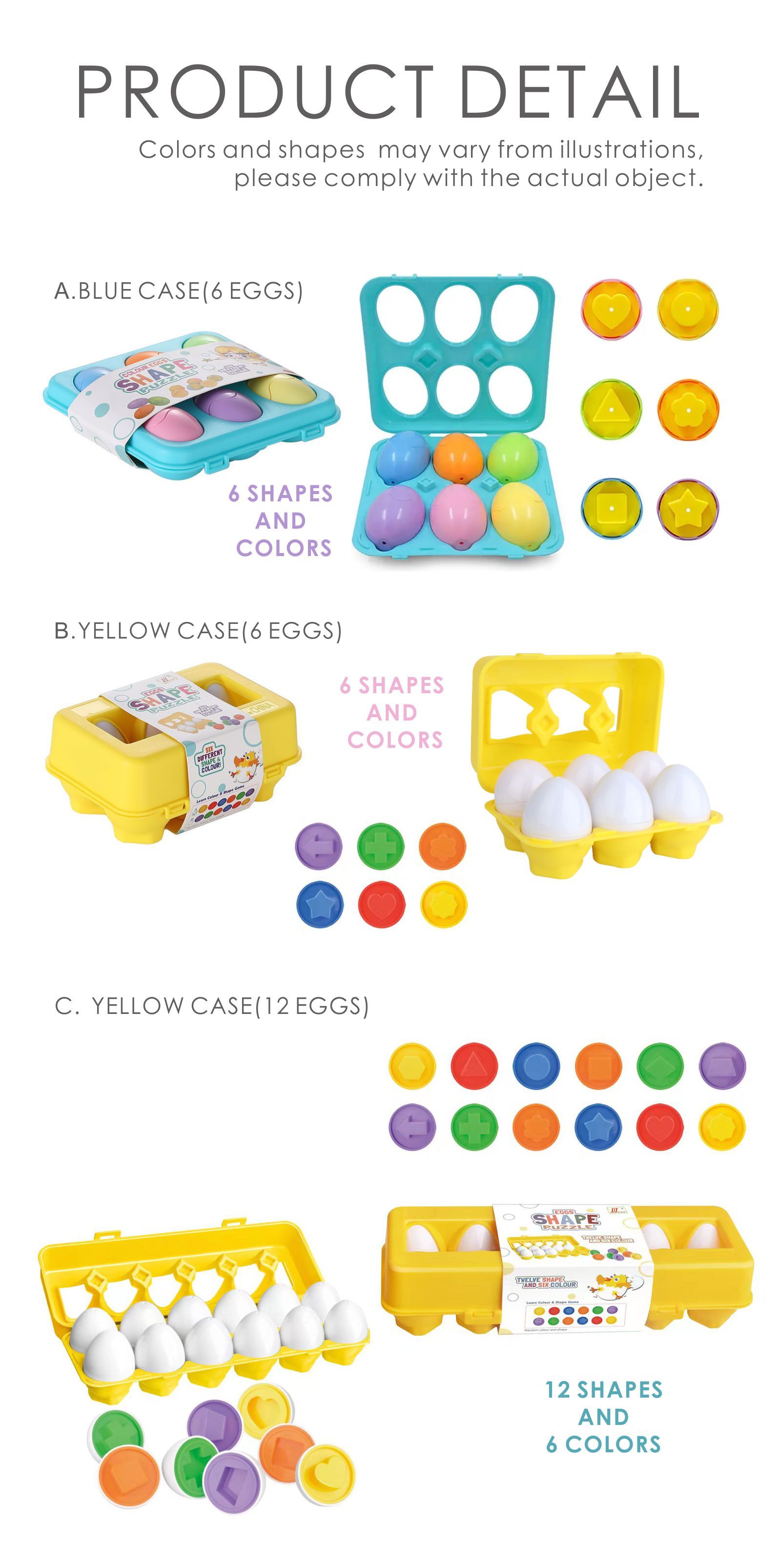 6 pièces ou 12 pièces, oeufs assortis, avec un support jaune ou bleu, oeufs  de Pâques, décoration d'oeuf de Pâques, jouet éducatif précoce, jouet pour  tout-petit, jouets de reconnaissance de forme et