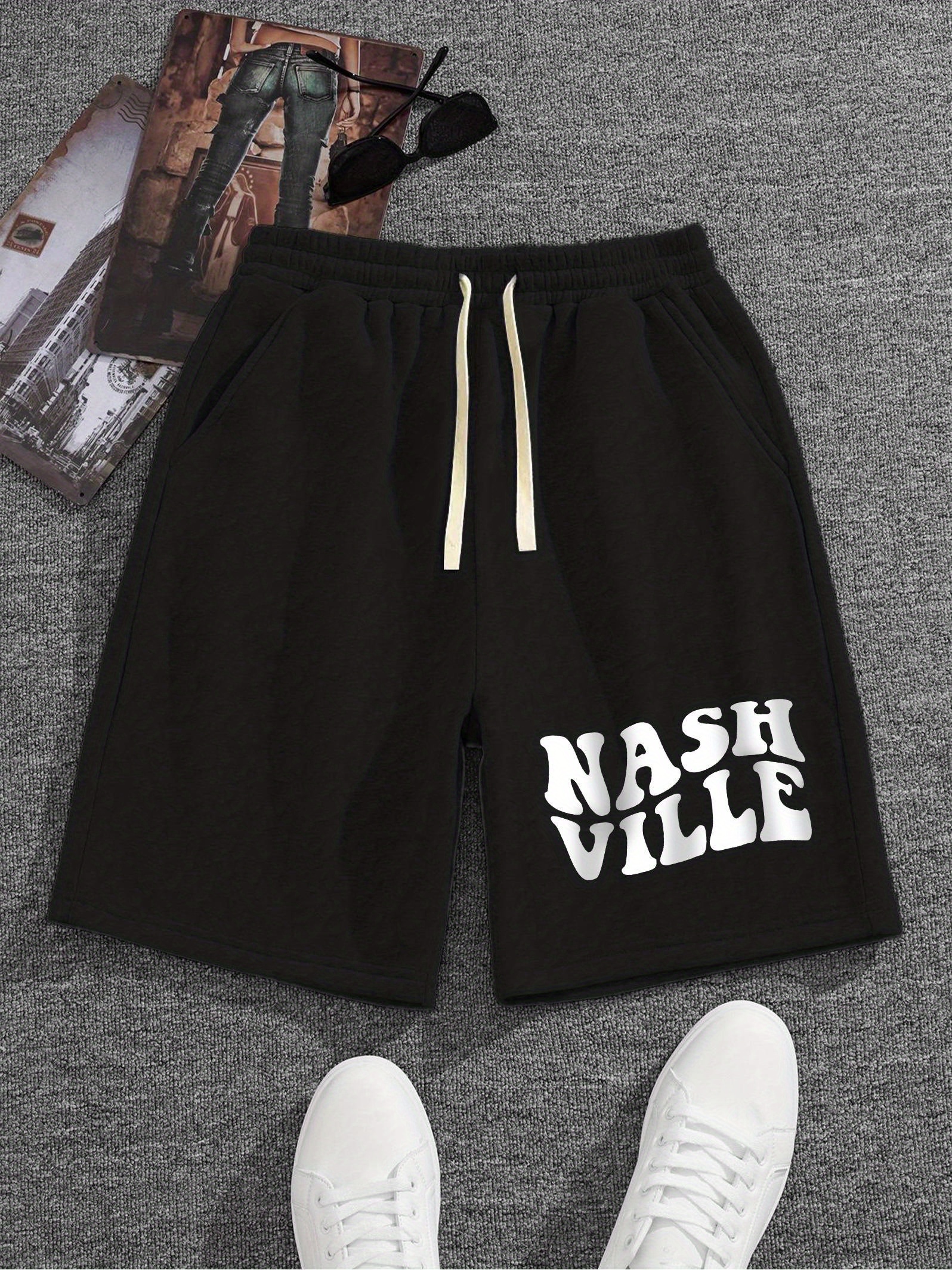 Nashville Letter Print Casual Slightly Stretch Comfy Drawstring Shorts