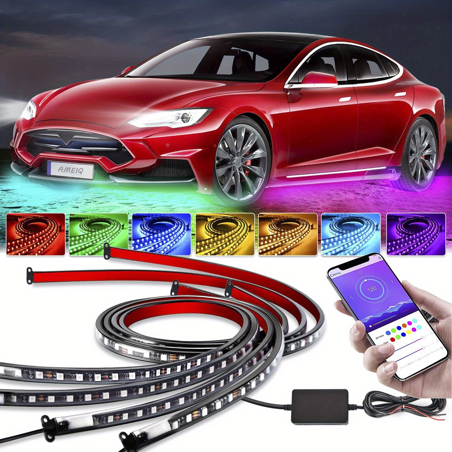 Luces para debajo del auto, kit de tira de luces Bluetooth Dream Color  Chasing, 6 luces exteriores impermeables con control de aplicación, 12 V  300