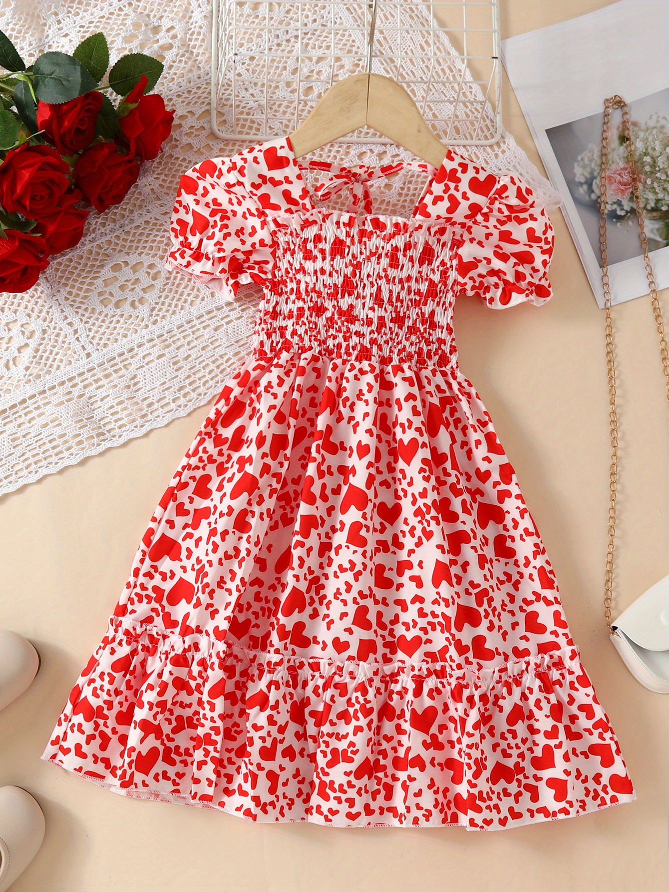 Girls' Valentine's Day Heart Peach Print Holiday Dress