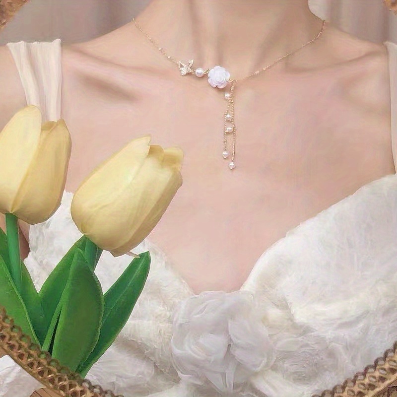 Coquette Style White Rose Flower Pendant Necklace Butterfly Tassel Alloy  Full Crystal Necklace - Temu