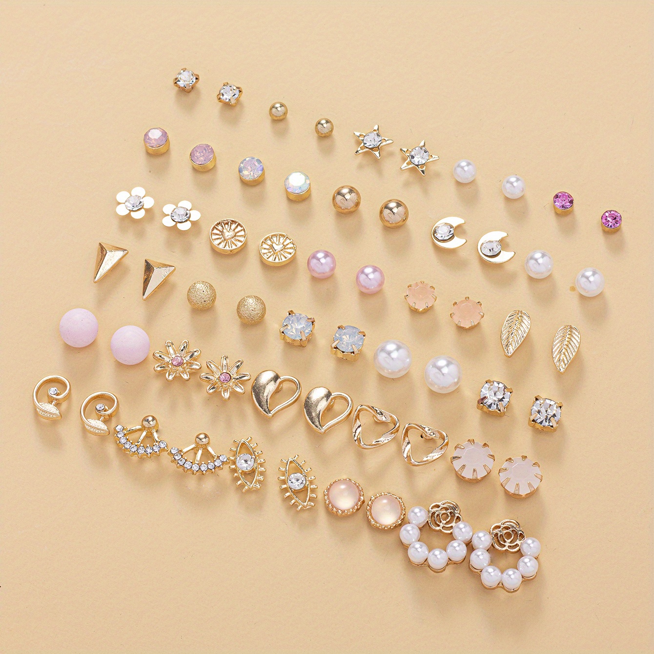 30 Pares de Pendientes Sencillos de Perlas de Imitación con Hojas, Patrón de Luna y Circonita Incrustada para Mujer, Accesorios Diarios