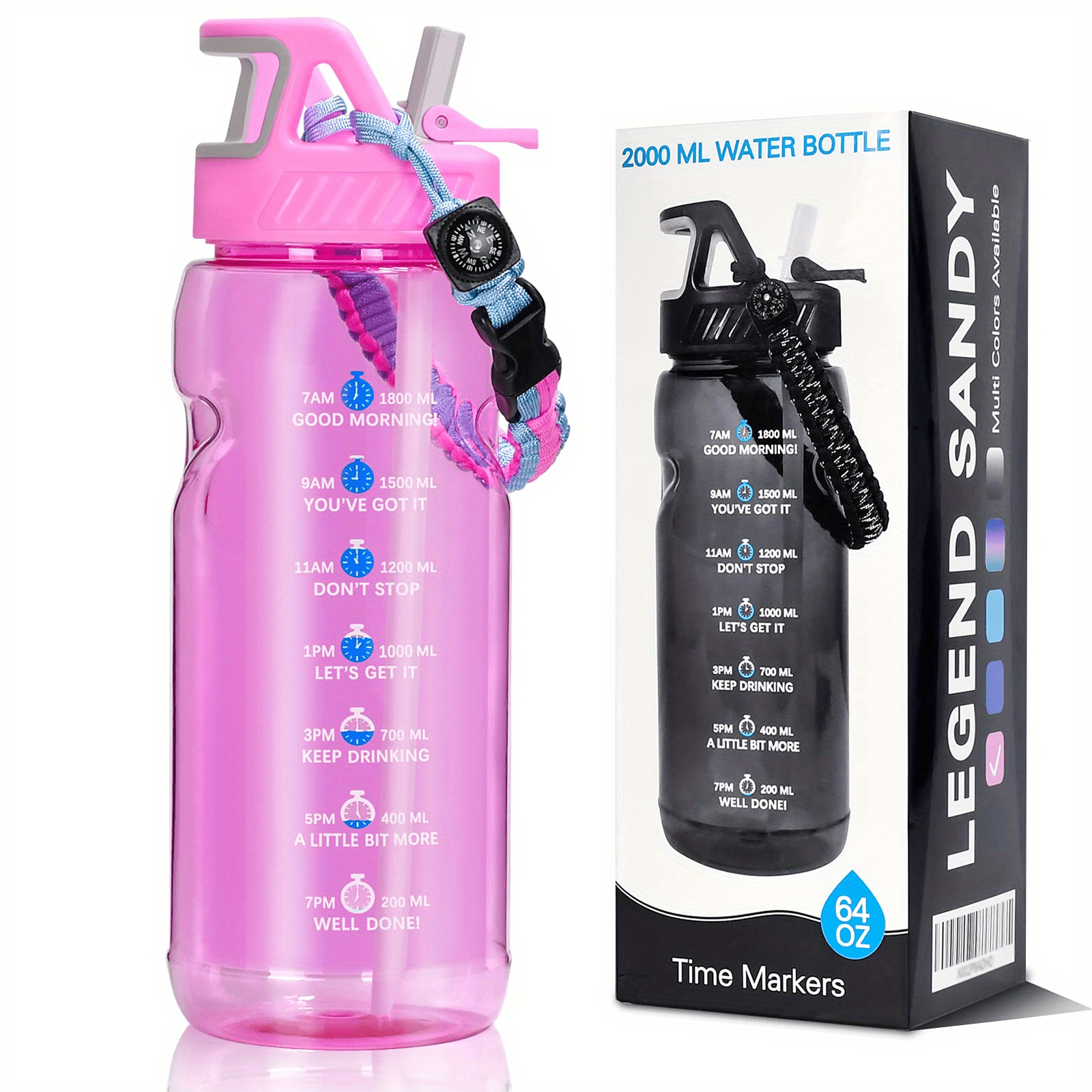 Big Sale! 64oz Large Water Bottle with Straw Time Marker Leakproof Sports  Bottle