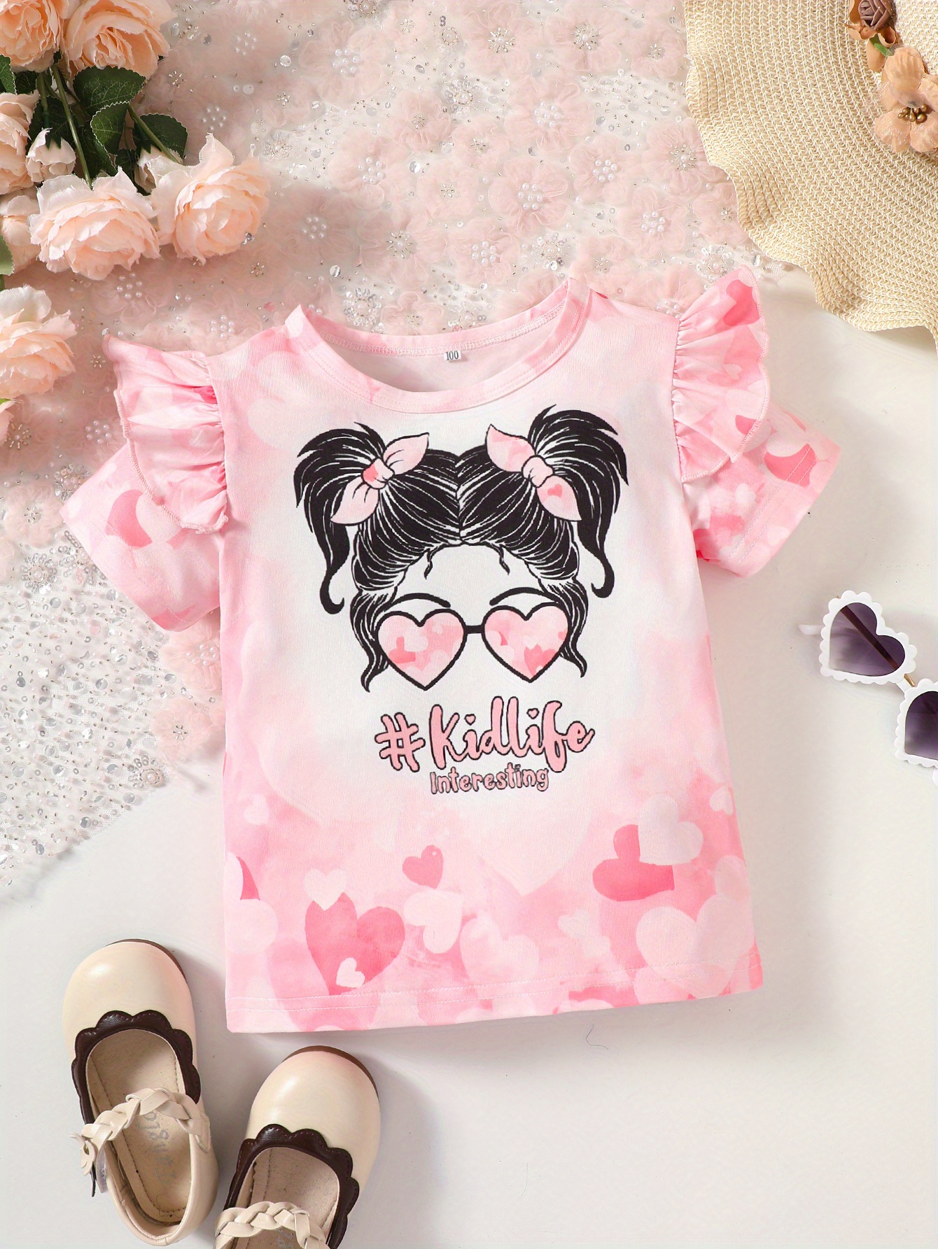 Toddler Girls Heart Cute Little Girl Graphic Ruffle Trim T Temu New