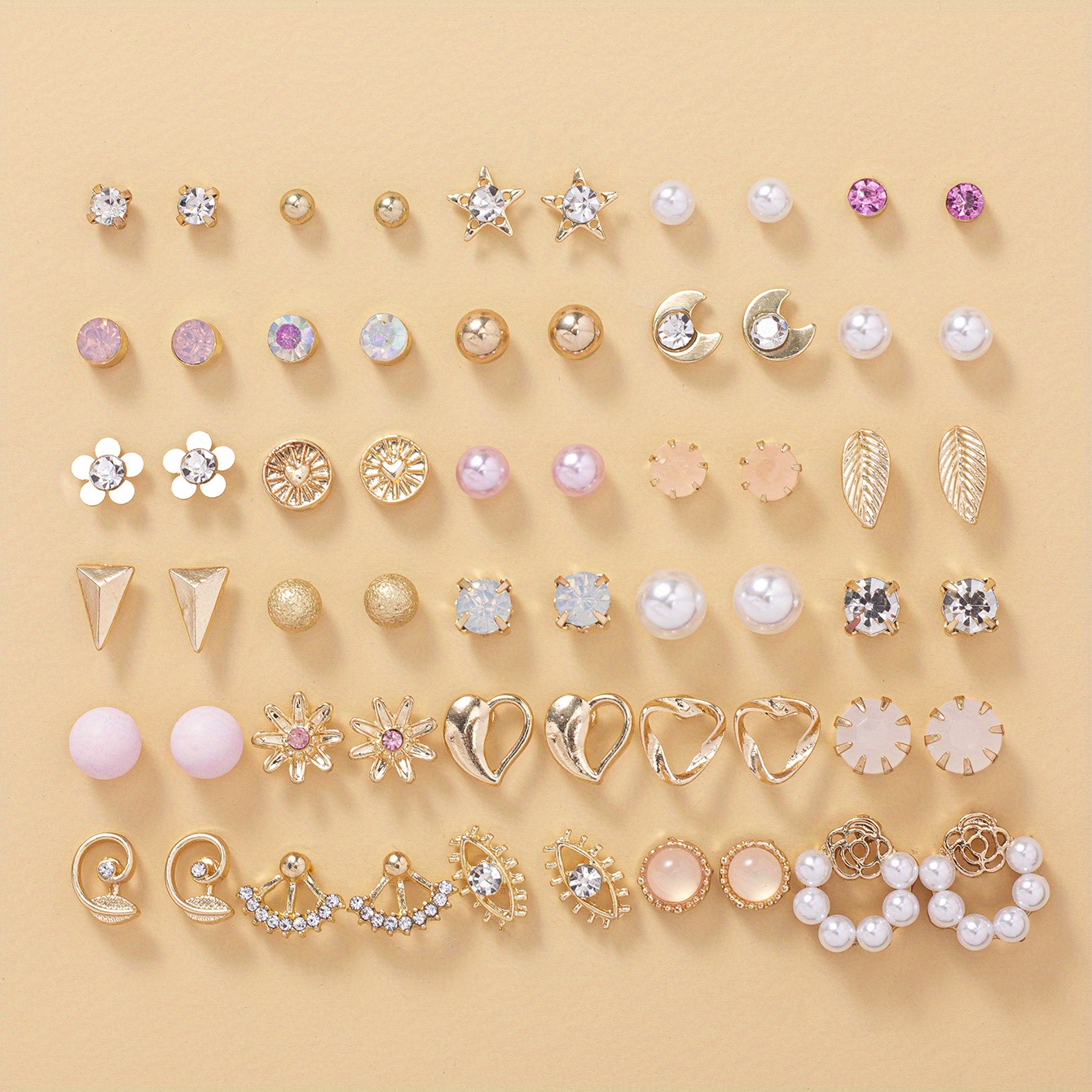 30 Pares de Pendientes Sencillos de Perlas de Imitación con Hojas, Patrón de Luna y Circonita Incrustada para Mujer, Accesorios Diarios