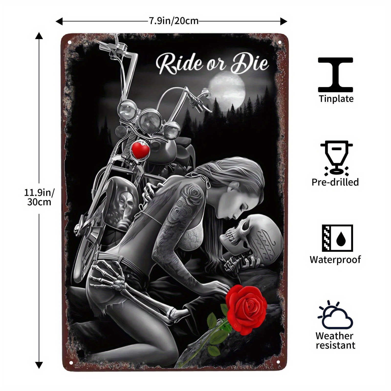 1pc Retro Poster Wall Decor Sign Vintage Metal Tin Signs Ride Or Die  Motorcycle Lovers Beauty And Skull Rose Sign Wall Decor Plaque For Home Bar  Pub Cafe Club Garage 8x12 Inches