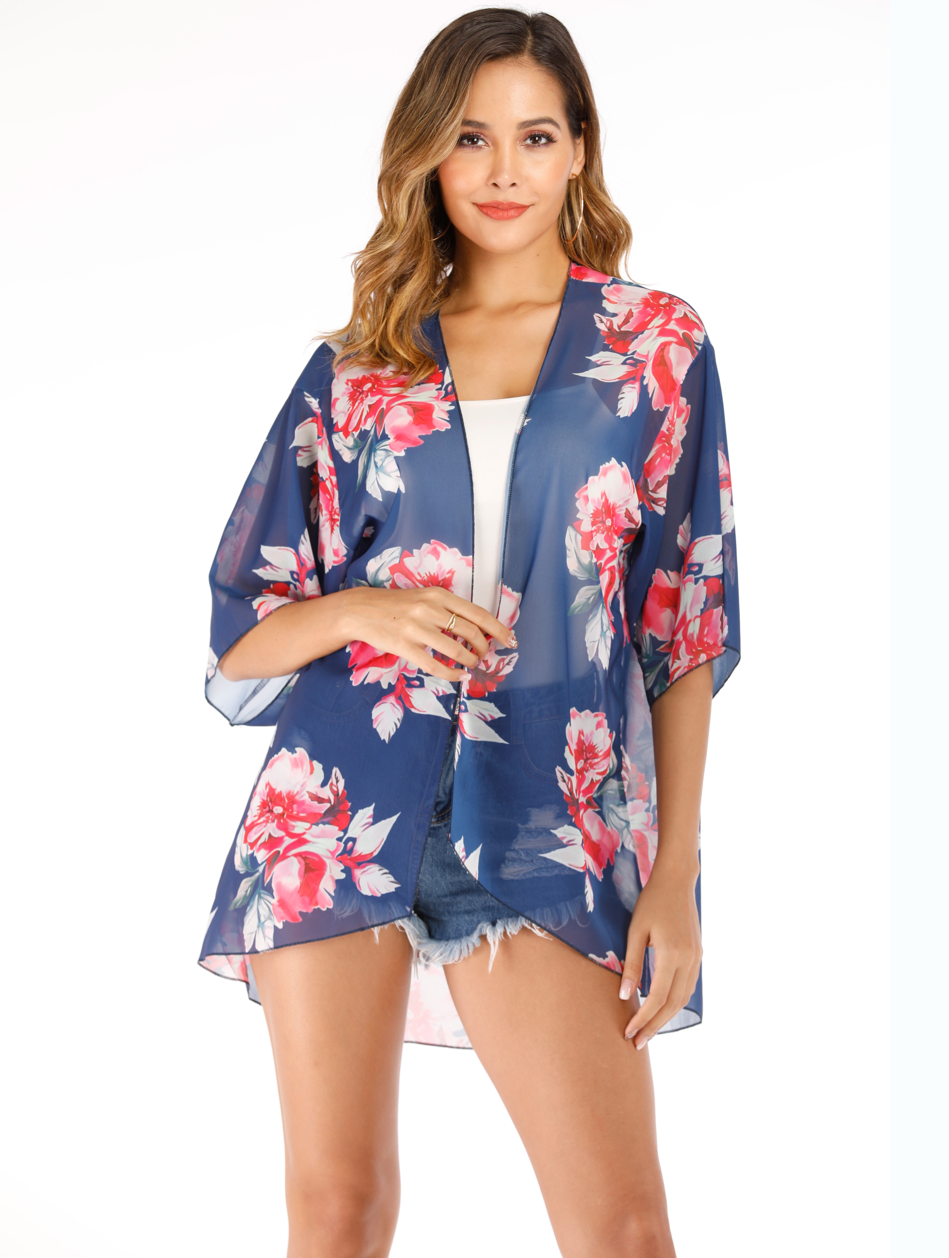 Boho Floral Print Tunics Vacation Beach Wear Open Front 3/4 - Temu New ...