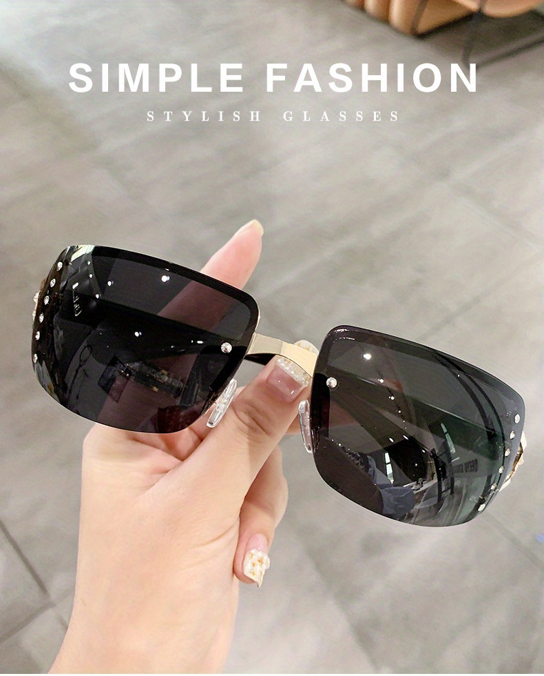 Y2k Rimless Sunglasses For Women Men Gradient Lens Glasses Futuristic  Rhinestone Decor Eyewear For Driving Beach, Uv 400 - Temu