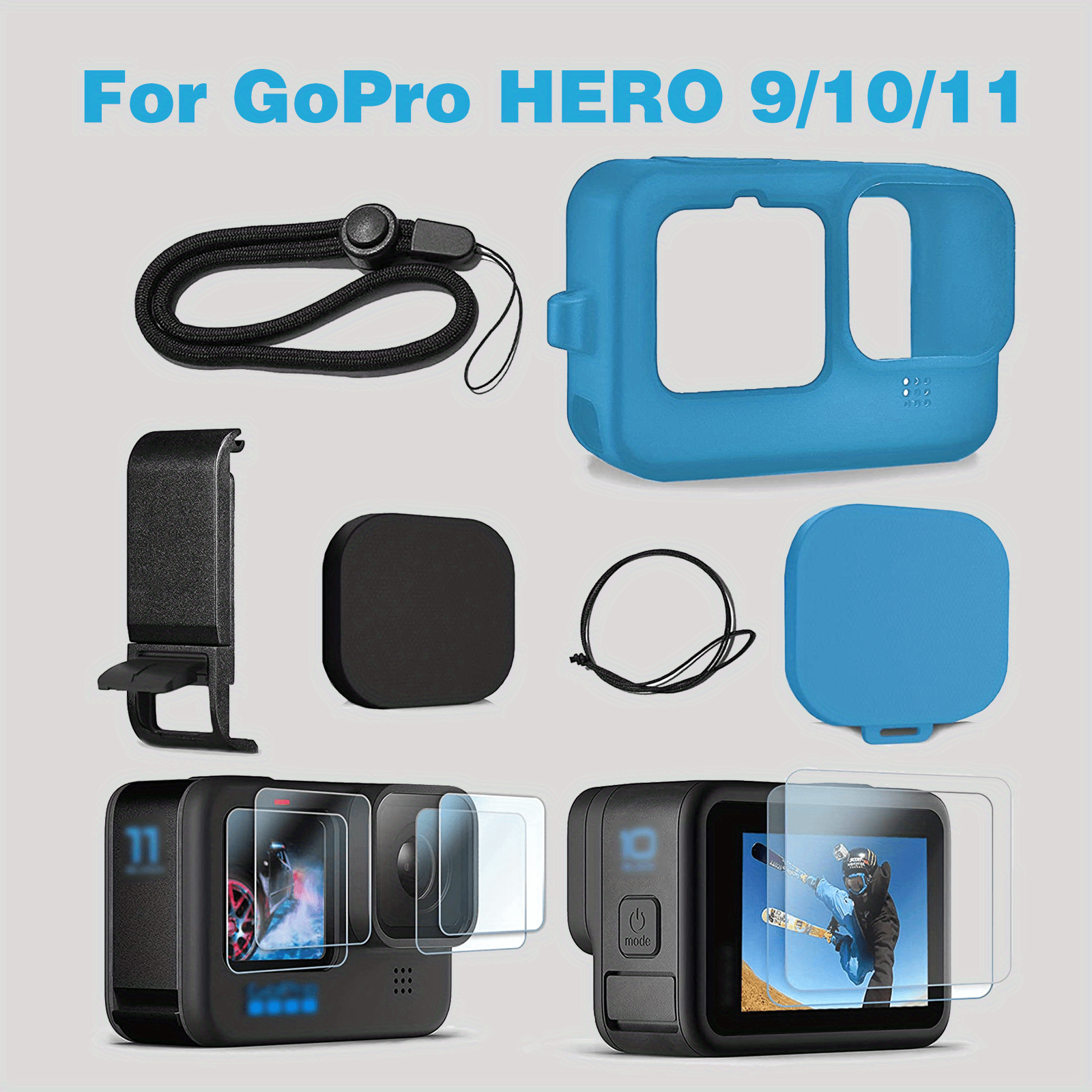 Blue Silicone Sleeve Case For Go Pro Hero 11 Hero 10 Hero 9 Black, Battery  Side Cover&Screen Protectors&Lens Caps&Lanyard For Go Pro Hero 11 /10 / 9  Accessories Kit