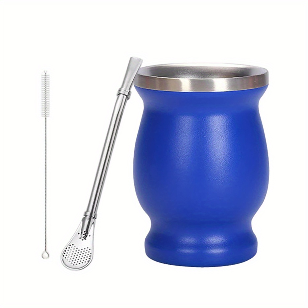 Yerba Mate Natural Gourd/Tea Cup Set Blue (Original Traditional Mate Cup -  8 Ounces), Includes Bombilla (Yerba Mate Straw) & Cleaning Brush, Blue  Stainless Steel, Double-Walled