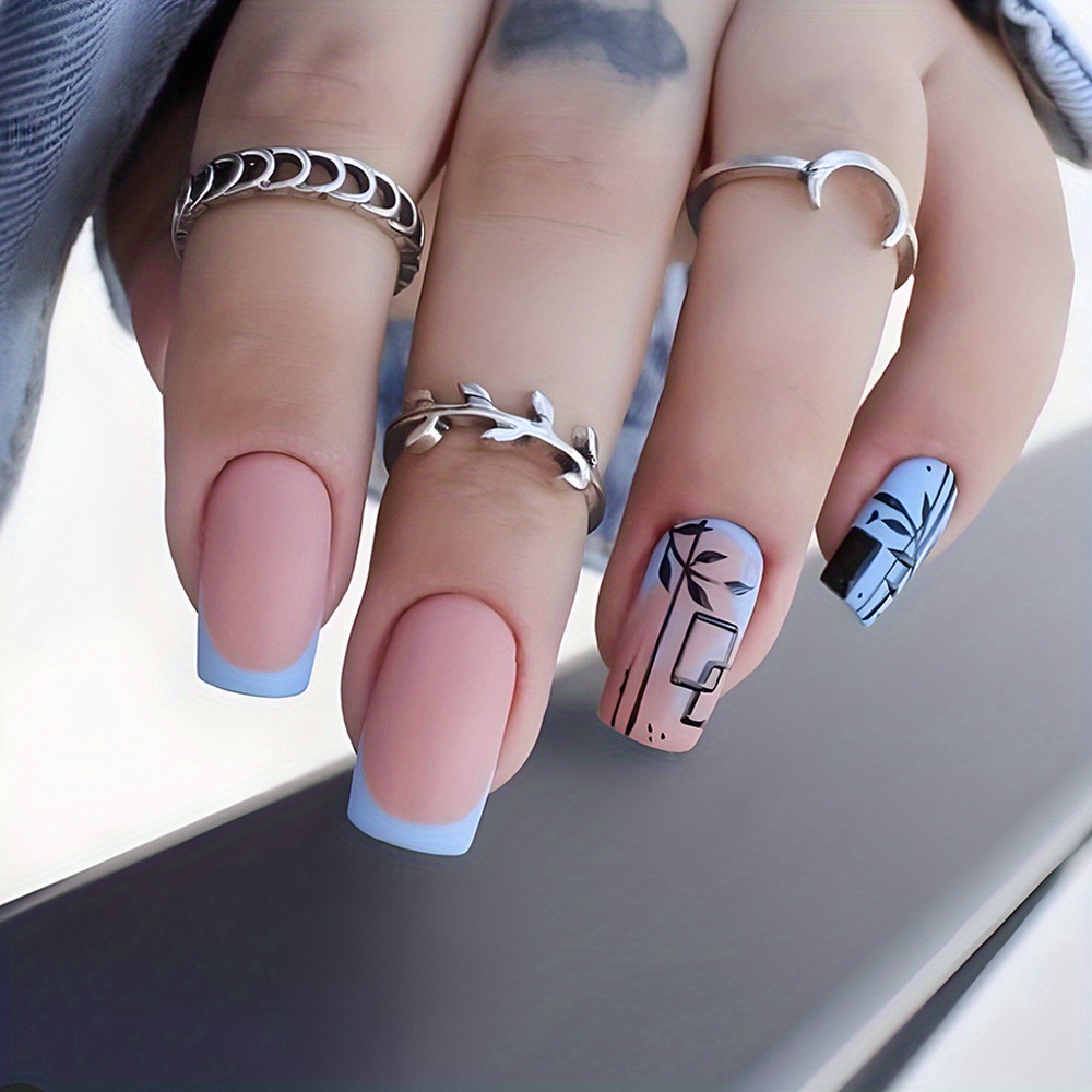 Image of Dys459 Blue French Style Long Square Fake Nails For Women, 24pcs Wearable Nails With 1 Nail File And 1 Jelly Glue, Artificial Nails