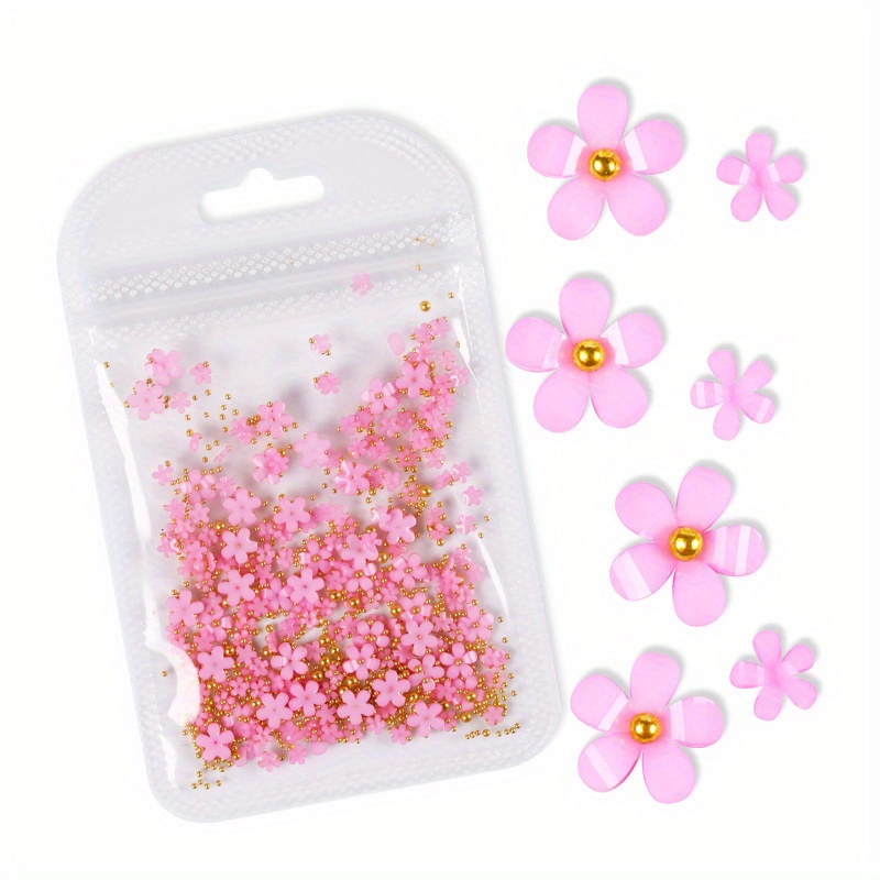 200pcs Nail Pink Flower Charms with Gold/Silver Nail Art Beads Decor DIY  Nail