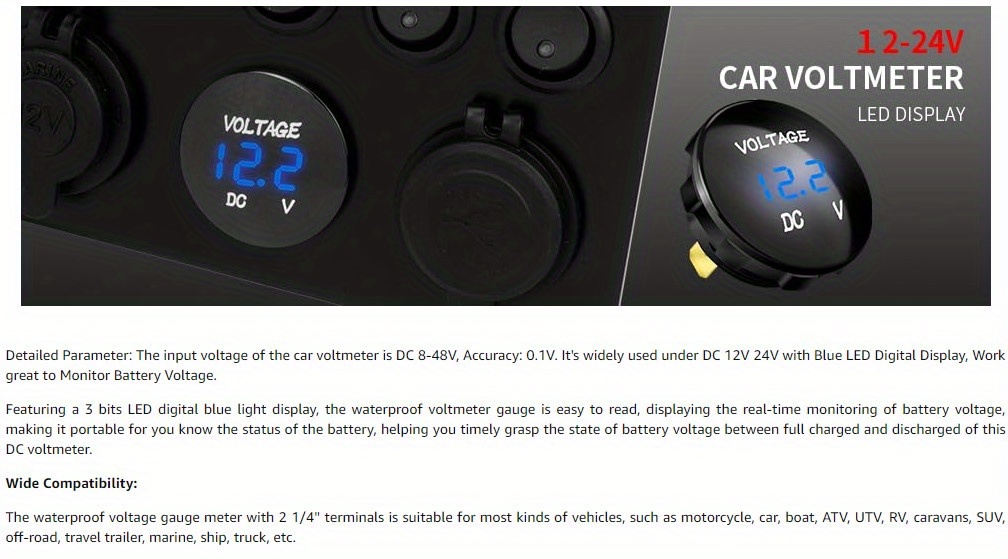 WATERWICH 12V 24V voltímetro LED pantalla digital, a prueba de agua,  medidor de voltaje con terminales para auto, automóvil, motocicleta,  camión