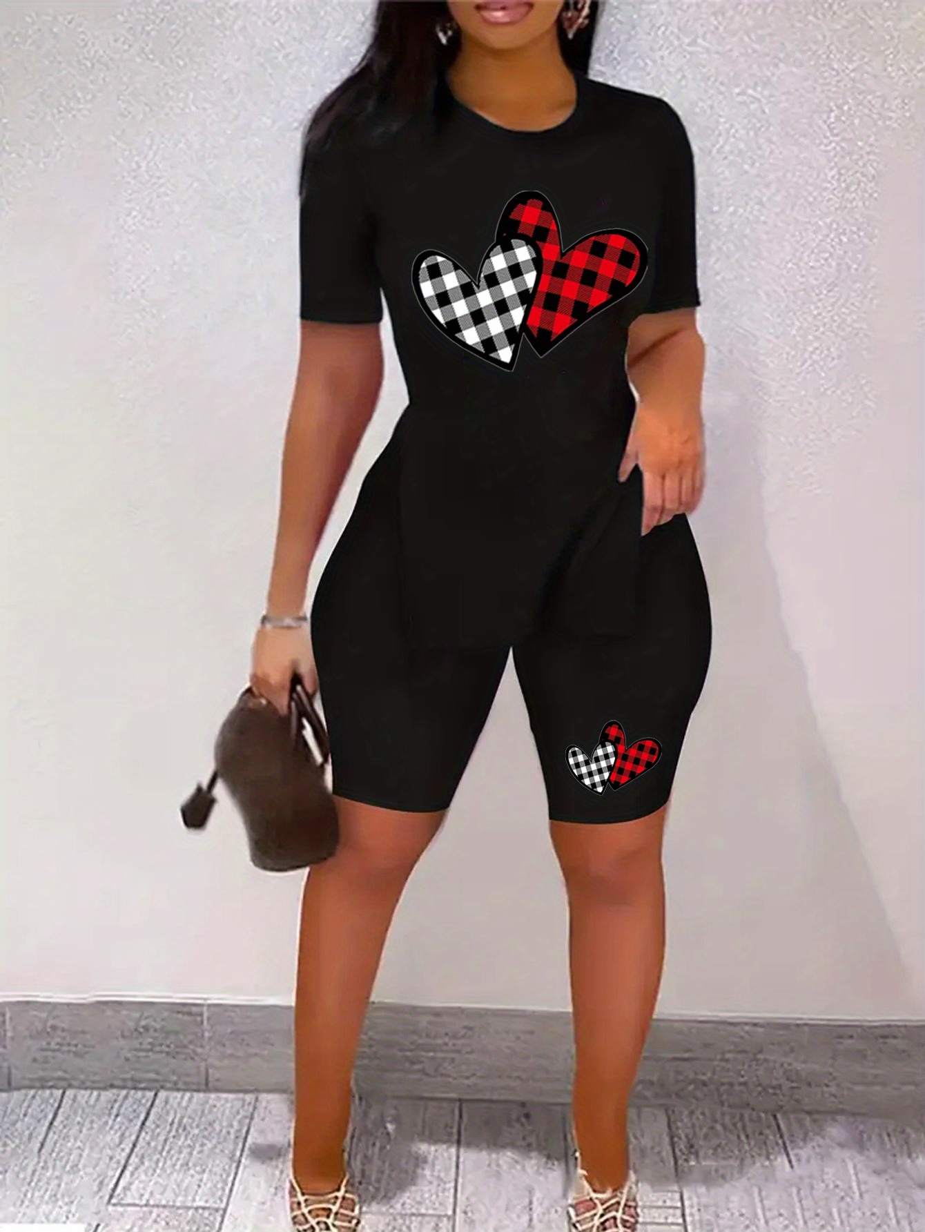 Two Piece Tee Biker Shorts Outfit Heart Print Side Slit - Temu