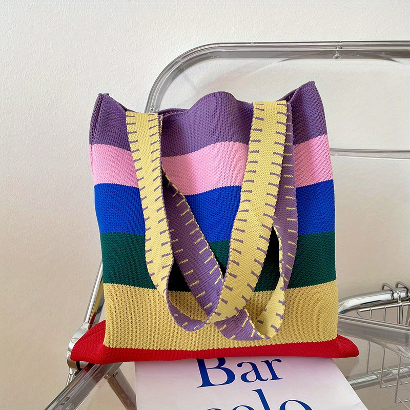 Colorful Stripes Knitted Durable Tote Bag, Slouchy Rainbow Large