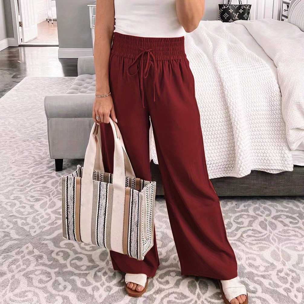 Plus Size Casual Pants, Women's Plus Solid Elastic Drawstring High * Wide  Leg Trousers With Pockets
