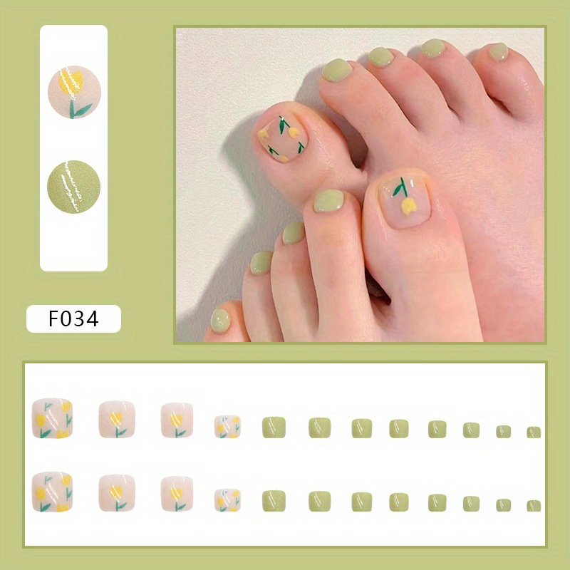 Tulip Press On Toe Nails Square Fake Toe Nails Fresh Green Acrylic Toe ...