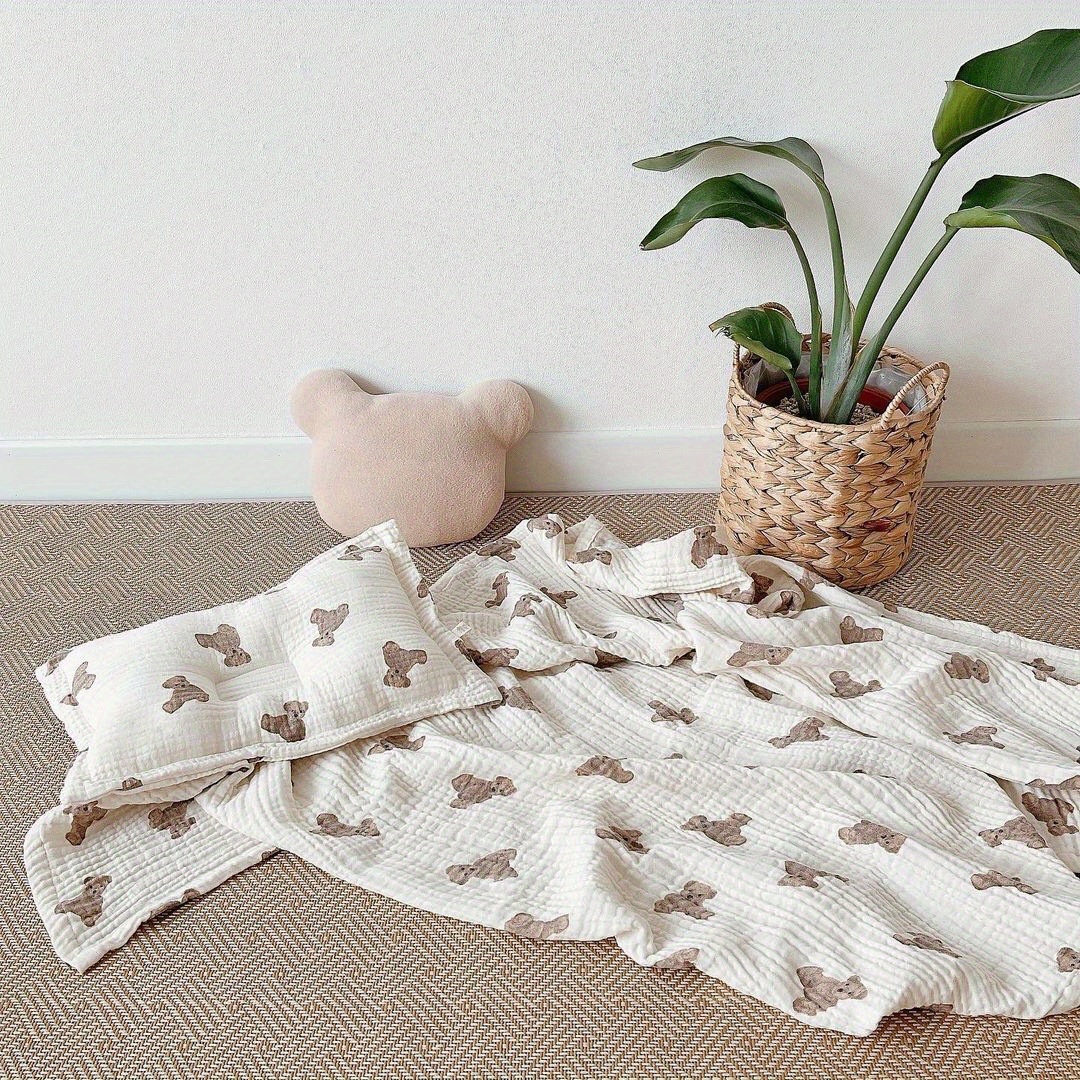 Double-layer Cotton Gauze Cute Bear Printed Blanket, Baby Swaddle, Bath Towel Blanket