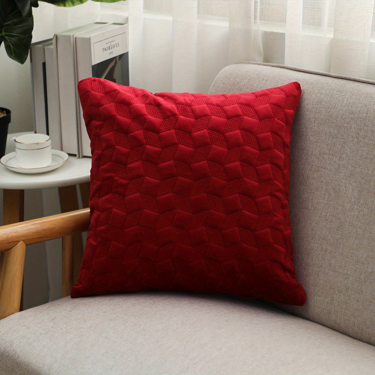 1pc Red Fuzzy Decorative Throw Pillow Case, Fiber Soft Cushion Cover For  Living Room, Home Decor