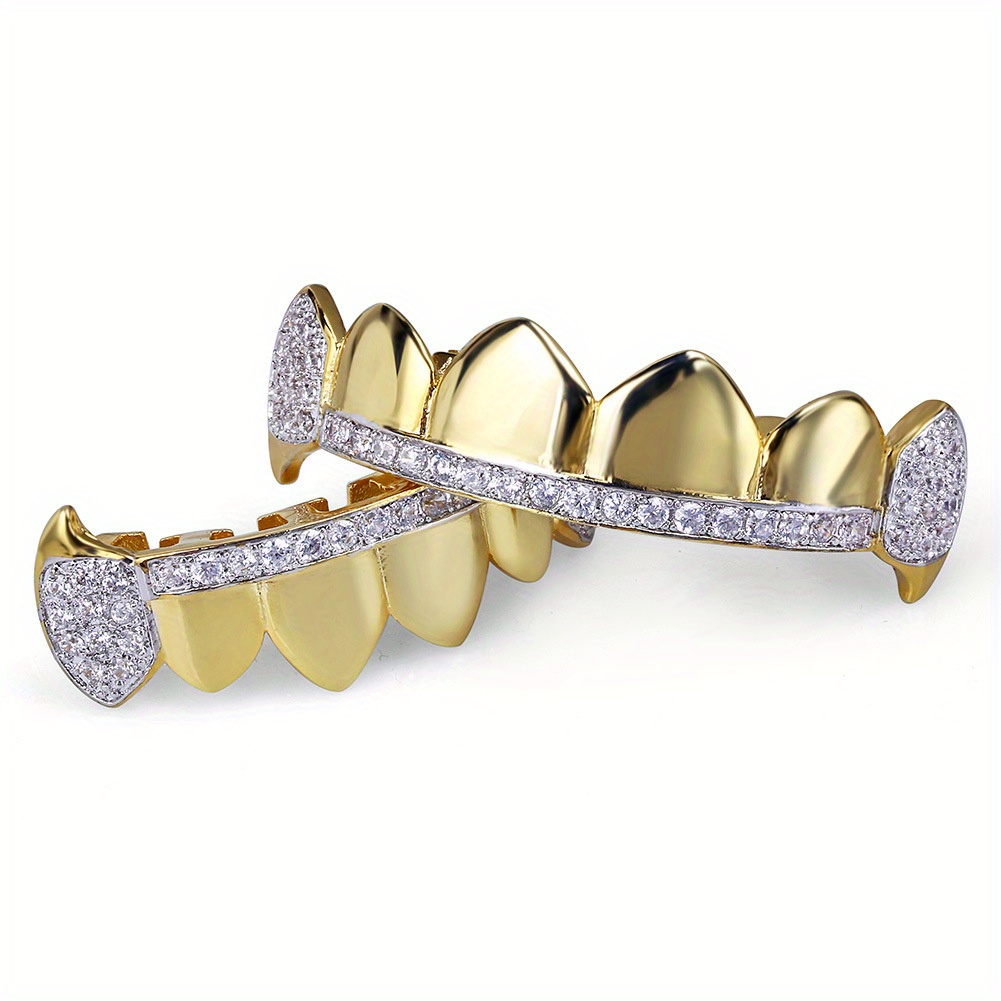 Mens Golden Plated Iced Out Top And Bottom Vampire Fangs For Your Teeth Hip Hop Halloween