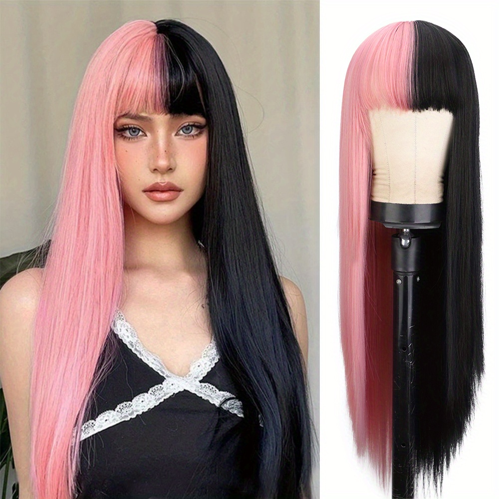 Gemini Hair Half Black Long Straight Hair Wigs Bangs Cosplay Temu