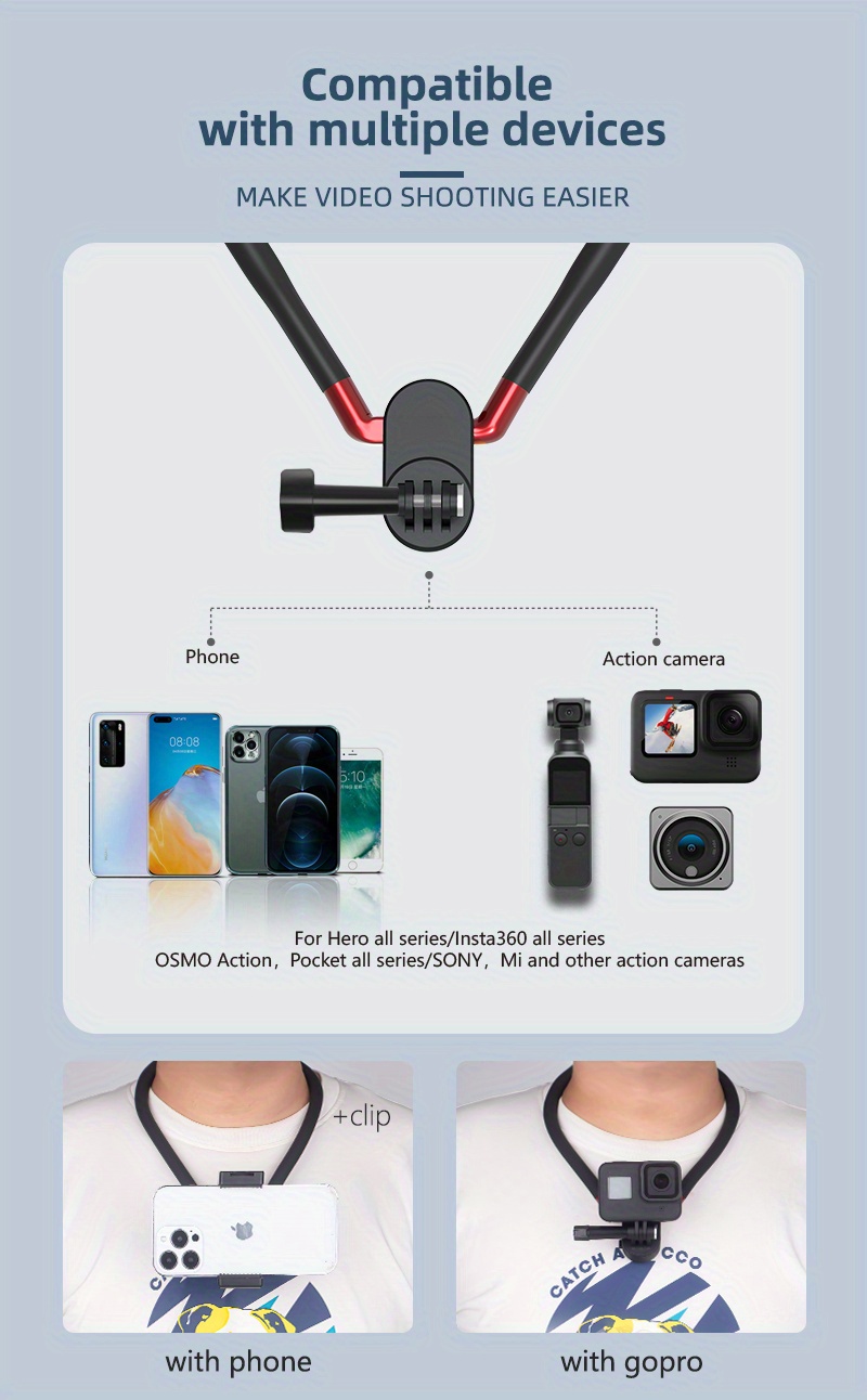 Support tour de cou pour camera GoPro et smartphones