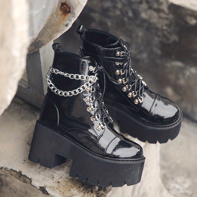 Punk Style Black Patent Leather Silver Chain Ankle Boots Ankle