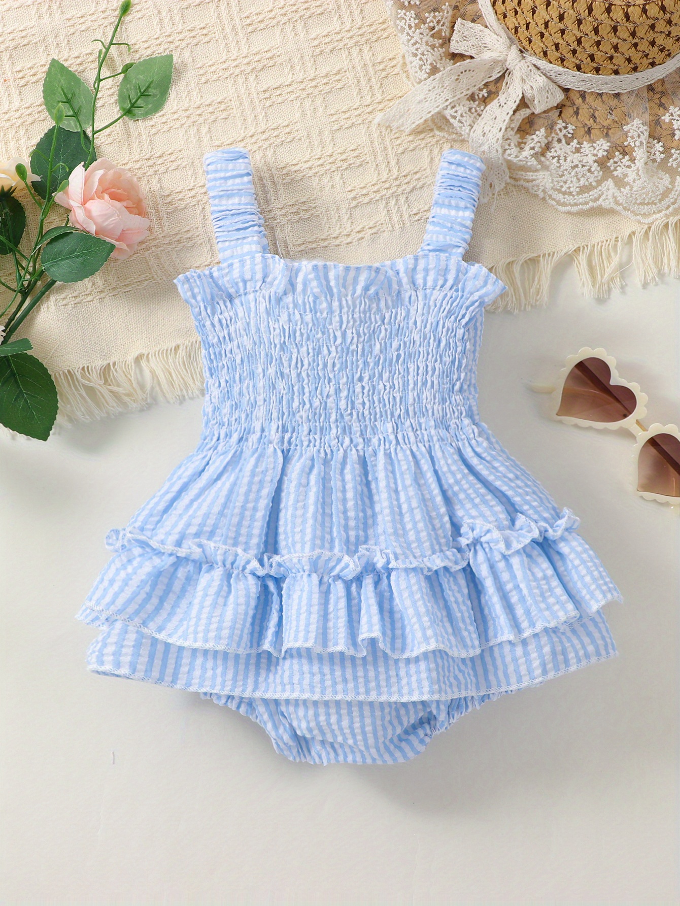 Newborn Baby Girl Romper - Long Sleeve Smocked Stripe Onesie With Letter Embroidery (Daddy's Girl, Little Sis)