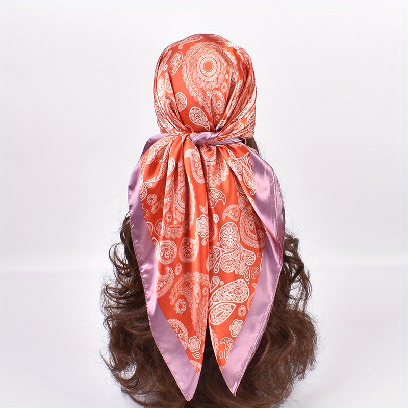 Classic Print Square Scarf Bandana Boho Satin Neckerchief Shawl Imitation Silk Head Wrap Hair Accessories,Temu