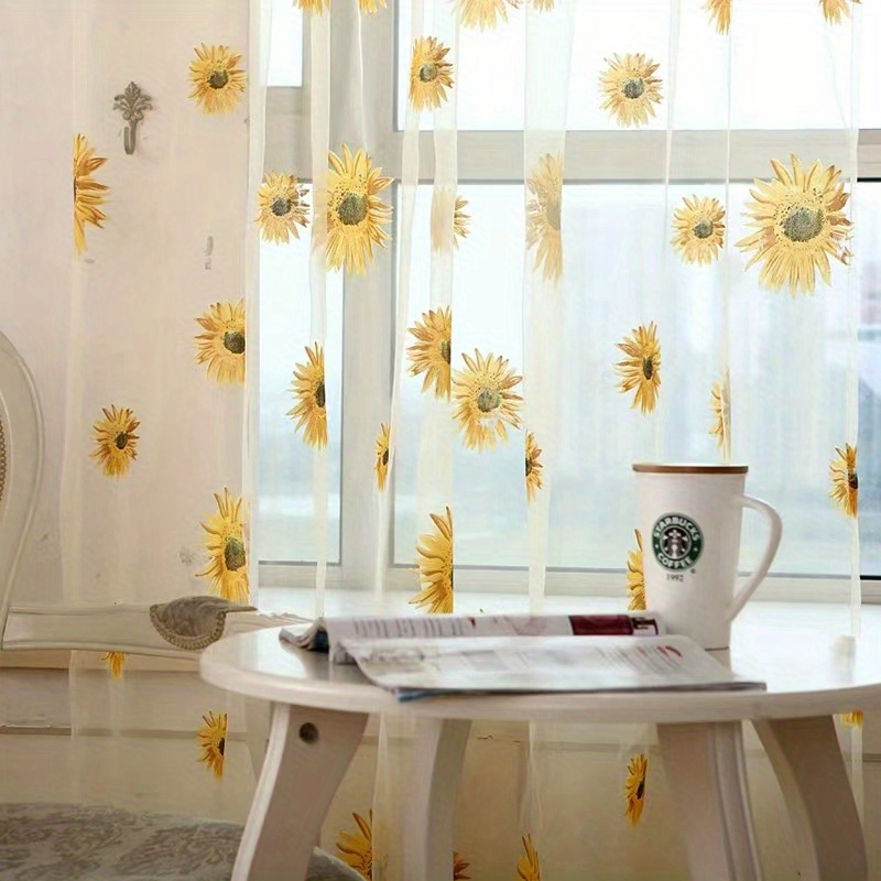 TEMU 1pc Sunflowers Print Semi-sheer Curtain With Rod Pocket Top, Light Filtering Voile Drape For Living Room Bedroom Kitchen Cafe Curtains