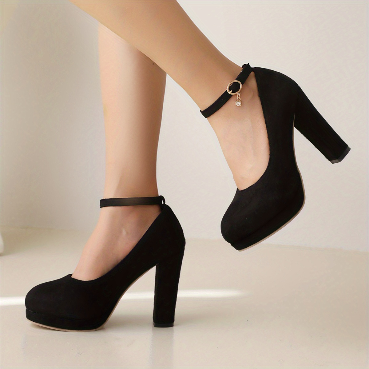 Women's Platform Chunky High Heels, Black Round Toe Ankle Buckle Strap  Pumps, Versatile Dress Heels
