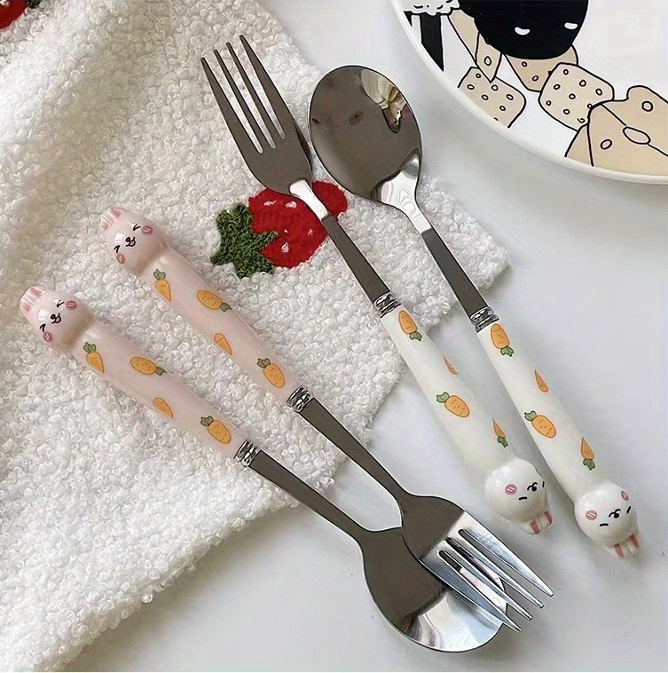 Cute 3pcs Ceramic Stainless Steel Dinner Set Fork Spoon Chopsticks