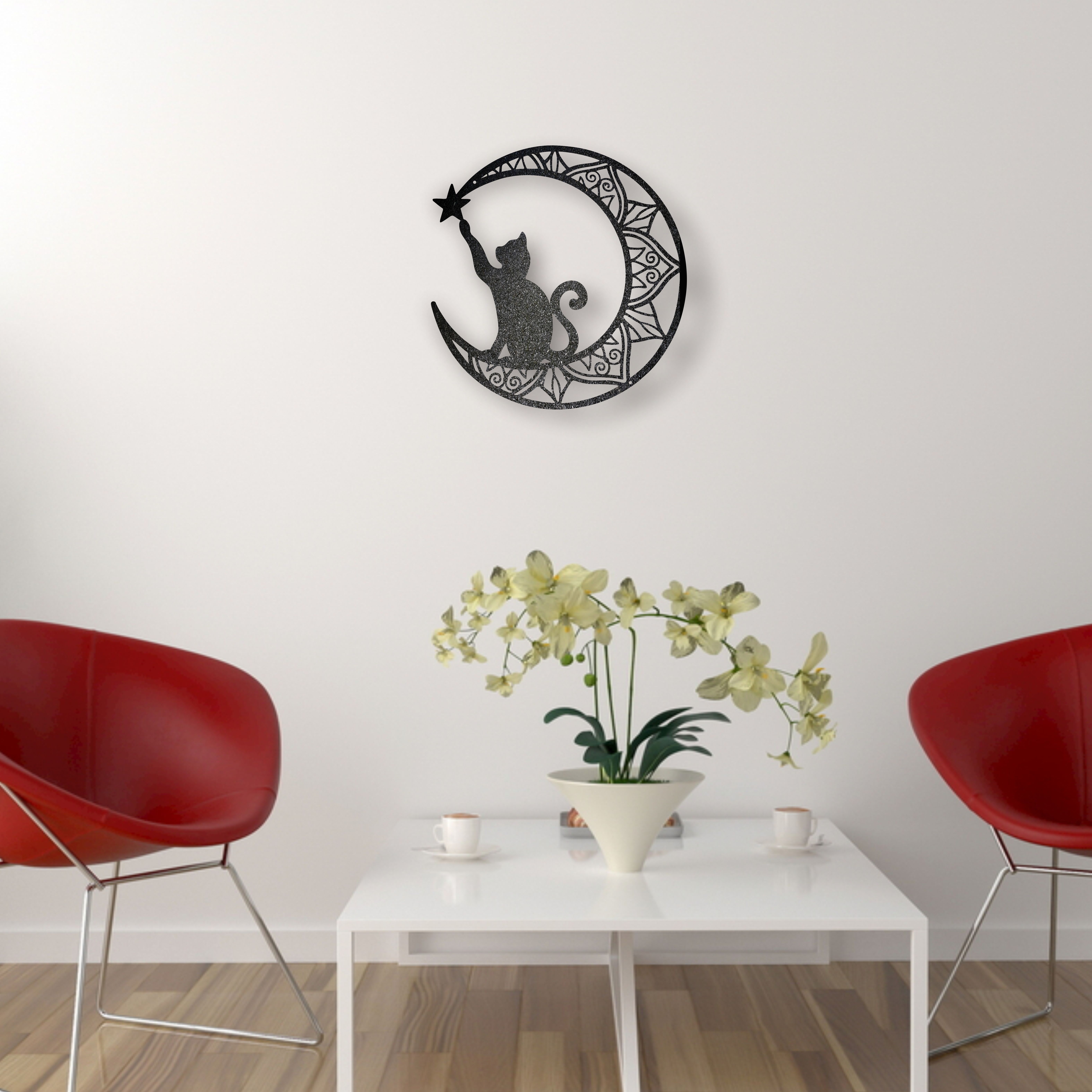 Cat And Moon Metal Wall Art Sculpture Abstract Silhouette Decor For Cat Lovers Indoor