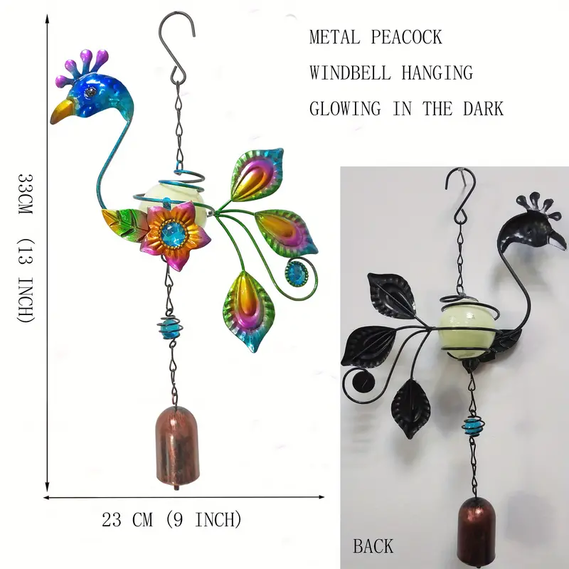 1pc peacock wind bell hanging decor peacock wind chimes ball glow in dark decorative metal spring summer decoration wall sculpture for indoor outdoor home garden pathway courtyard decor details 6