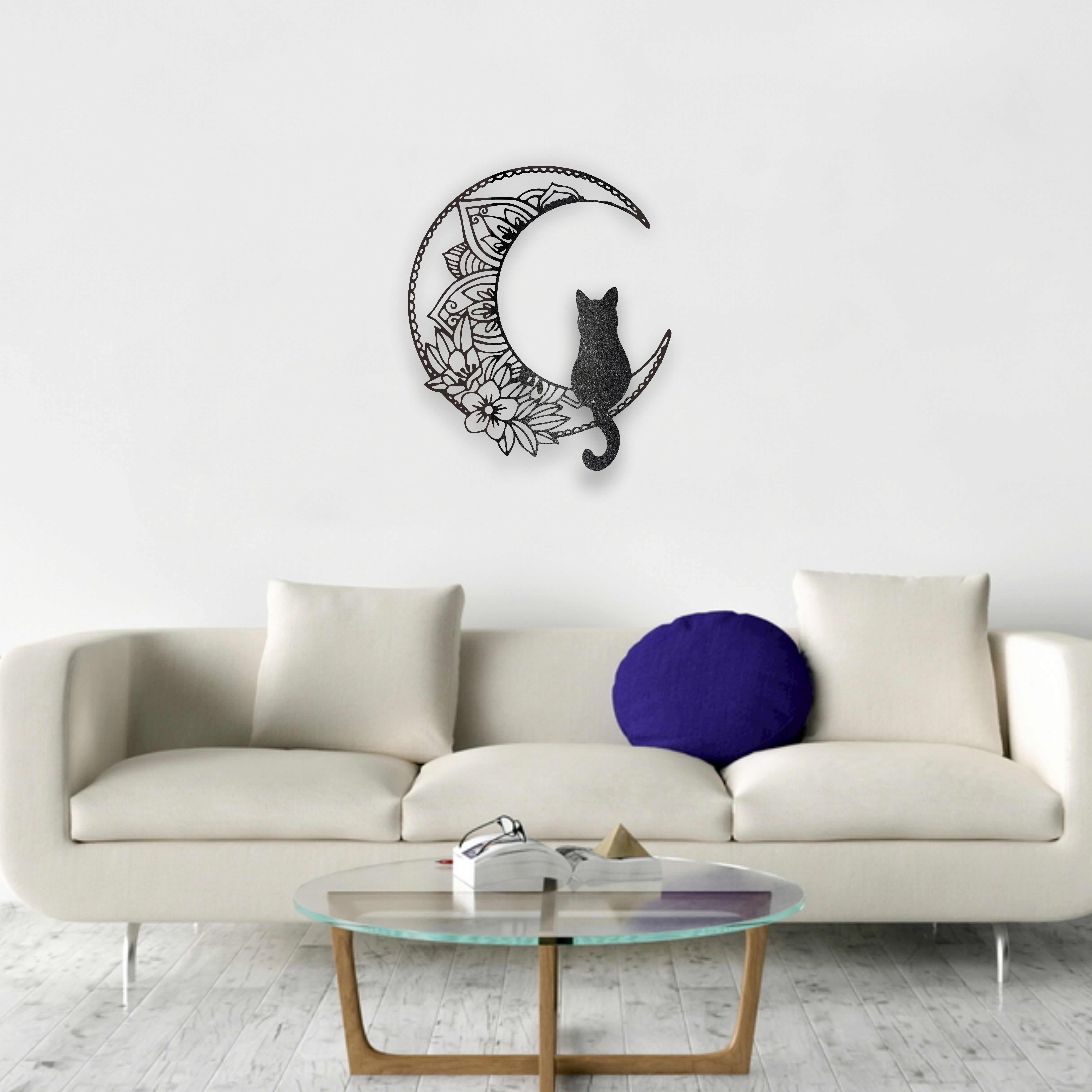 Cat And Moon Metal Wall Art Sculpture Abstract Silhouette Decor For Cat Lovers Indoor