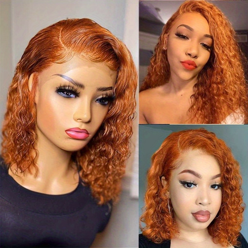 180 Density Ginger Orange Jerry Curly 13x4 Lace Front Human Hair Wigs For Women Short Bob Curly Human Hair Wigs Transparent Lace Peruvian Remy Hair Wigs 10 14 Inch