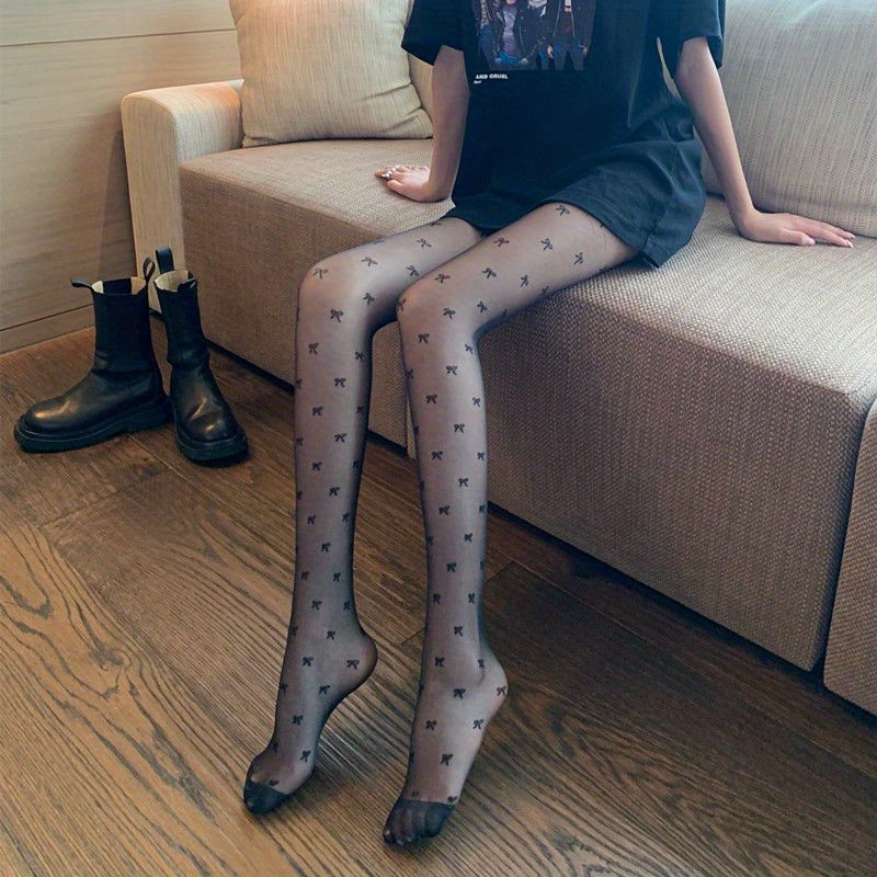 Bow Pattern Tights, High Waist Semi-Sheer Footed Pantyhose, Women's  Stockings & Hosiery