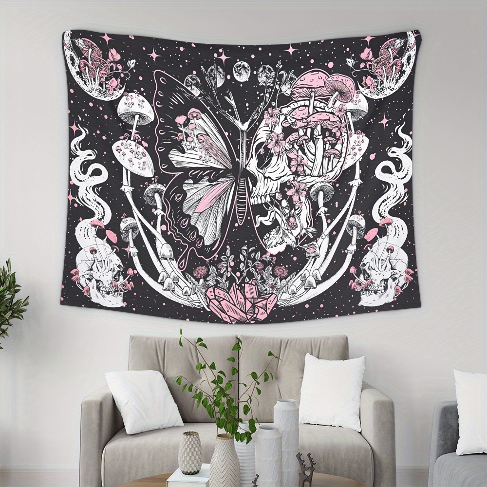 Butterfly Flower Moon Mushroom Skull Tapestry Living Room - Temu