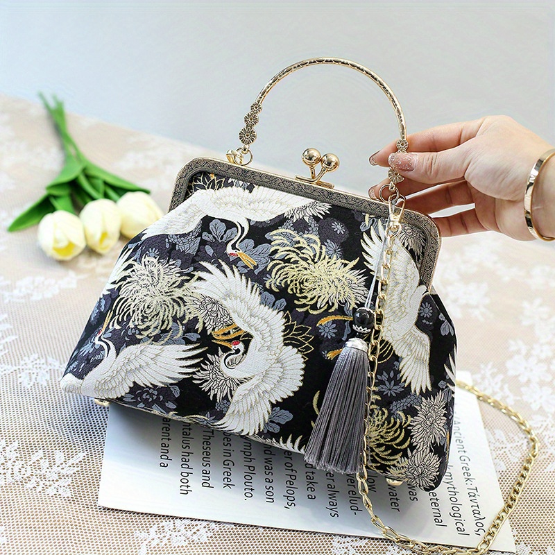 Vintage Chinese Crane Pattern Clutch Purse Handbag
