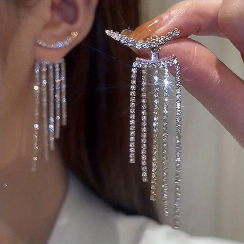 TEMU Silvery Chain Tassel With Sparkling Zirconia Inlaid Dangle Earrings Elegant Luxury Style Copper Silver Plated Jewelry Banquet Ear Ornaments