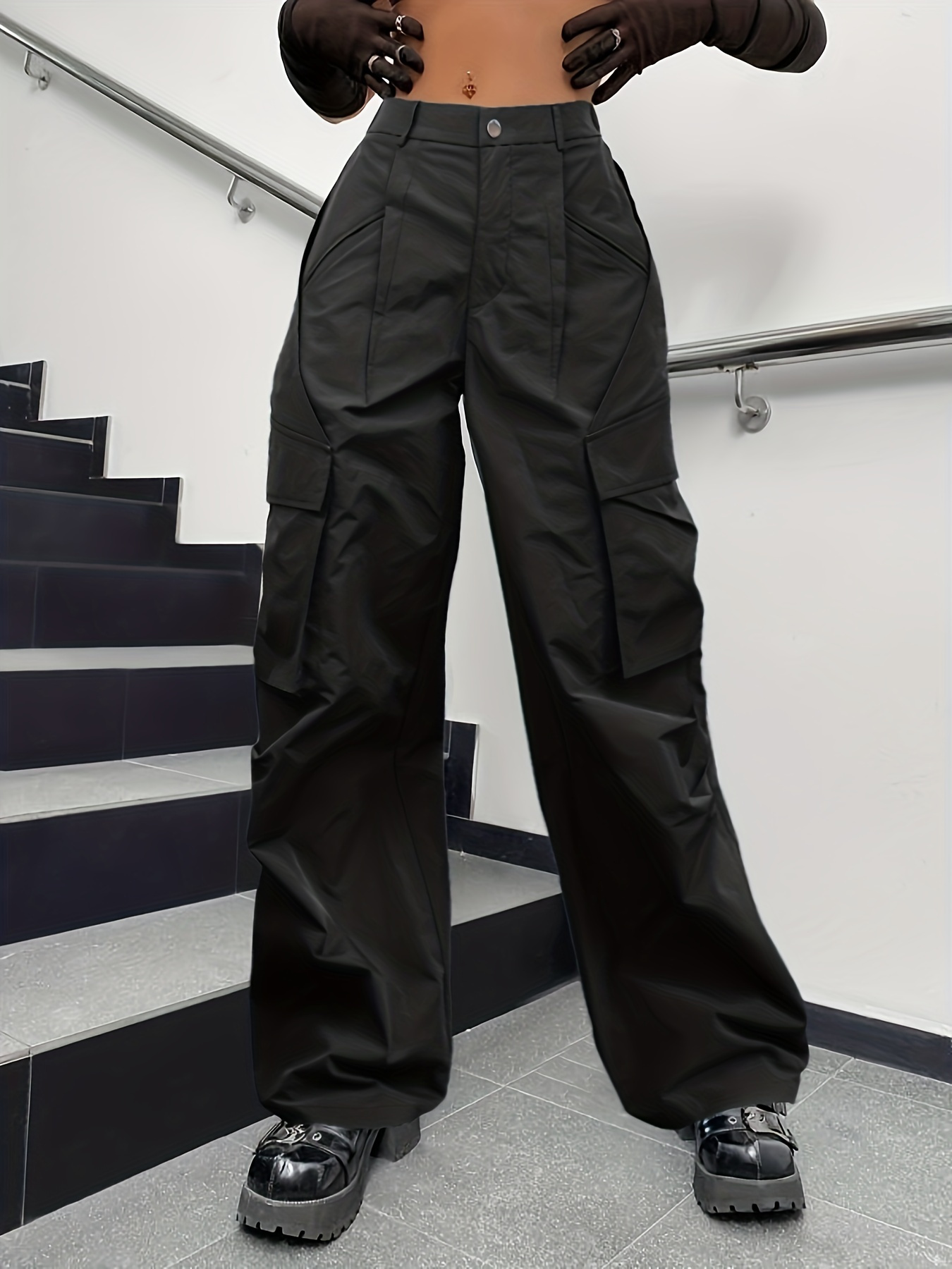 Straight Leg Flap Pockets Cargo Pants Y2k Solid Pants For - Temu