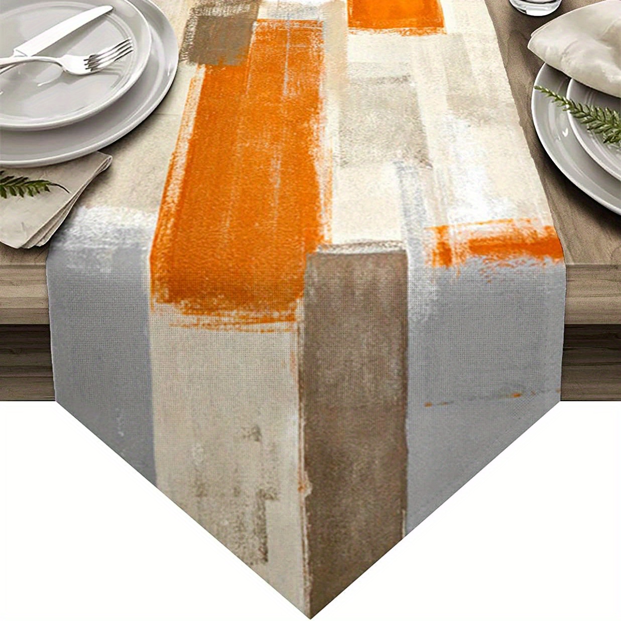 TEMU 1pc Orange And Gray Abstract Modern Art Linen Table Runners, Color Contrast Dinner Table Setting Dresser Scarves Farmhouse Style For Party