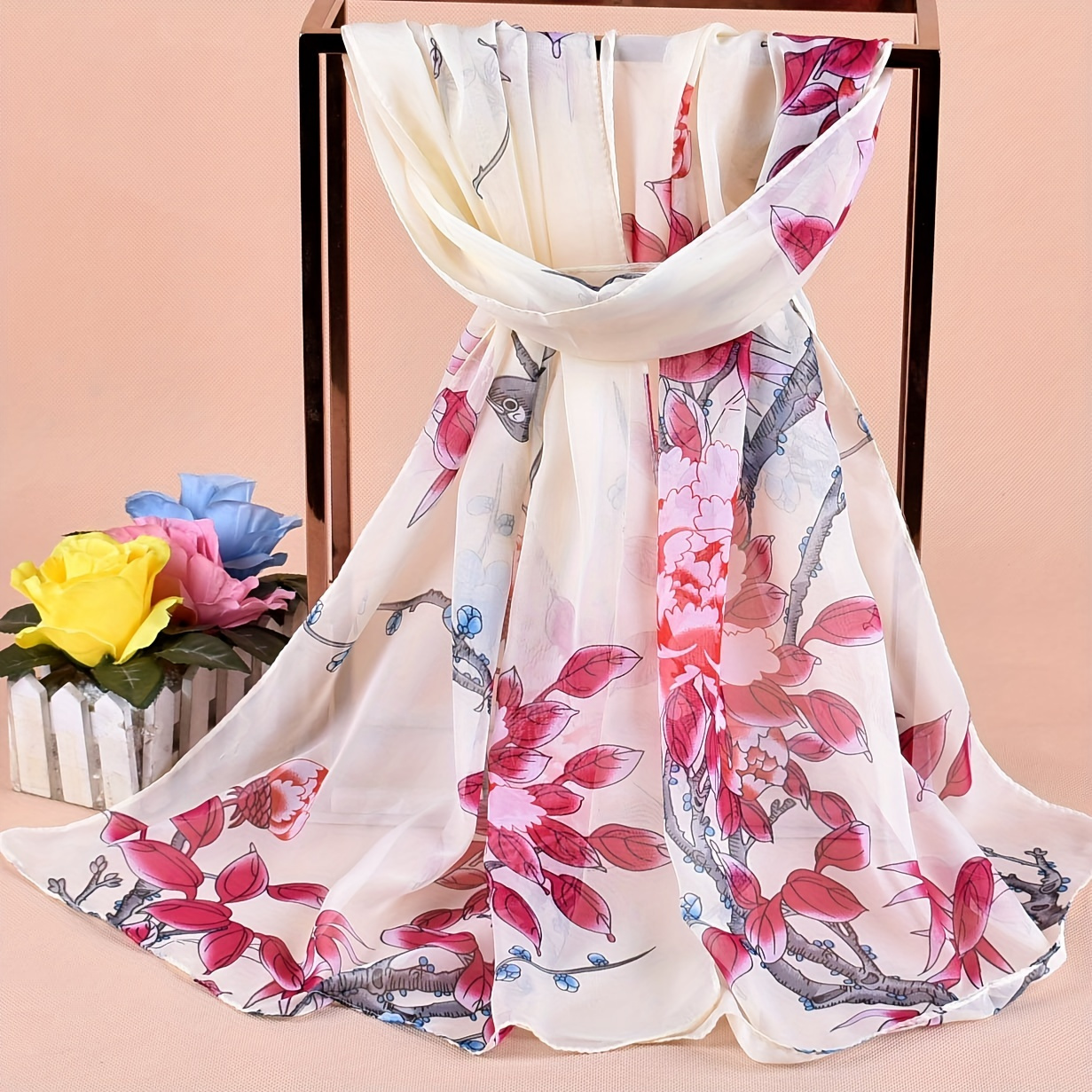 Beige birds and flowers scarf