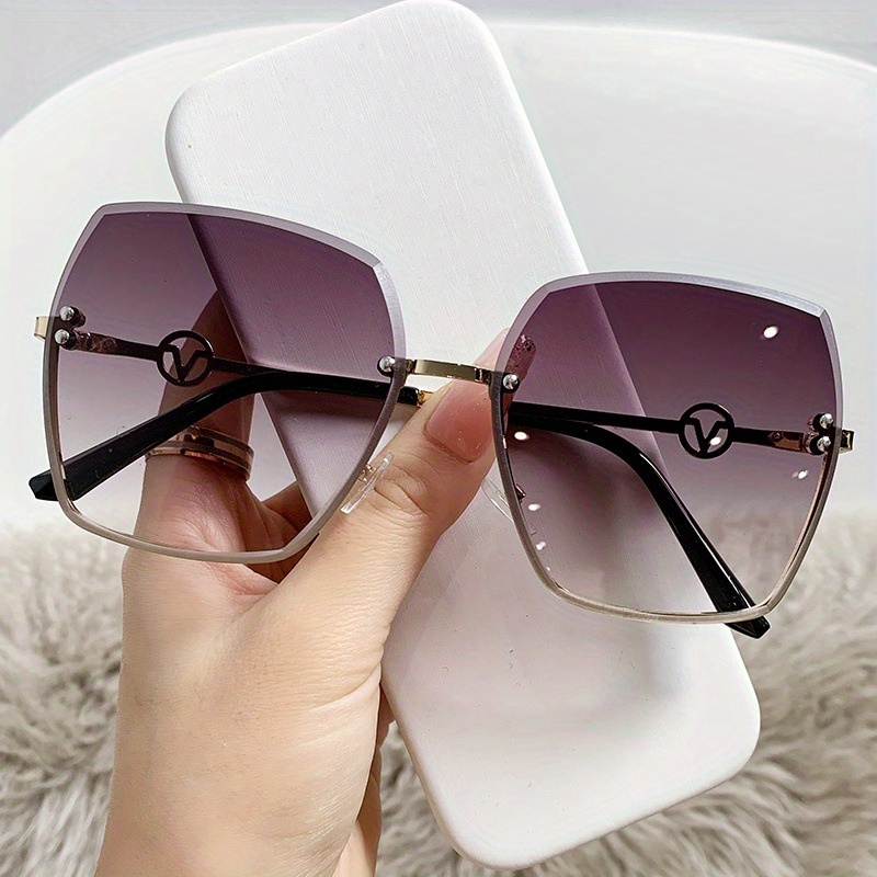 Fashion Oversized Round Sunglasses Women Metal Bar Rimless Clear Shades  Glasses