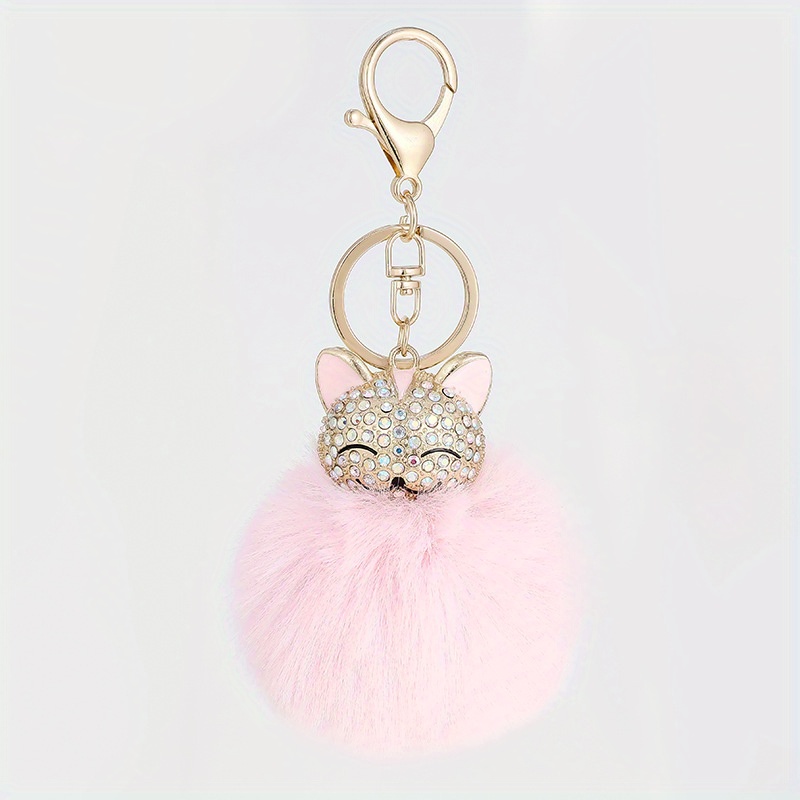 Fluffy Ball Keychain with Pearls Rhinestones Inlay Key Chain for Womens Bag  / Cellphone / Car Pendant (Light Green)