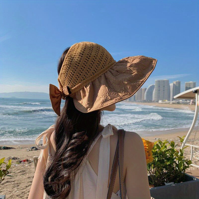 Large Brim Foldable Sun Hat, Fishing Hat, UV Protection Fashion Bow Decor High Bun Outdoor Sun Hat, Women's Caps & Hats,Temu