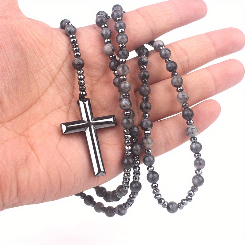Men's Natural Stone Tiger Eye Lapis Glitter Bead Cross Pendant Necklace