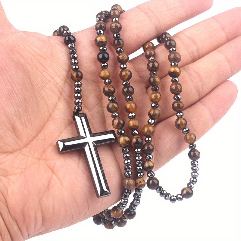 Men's Natural Stone Tiger Eye Lapis Glitter Bead Cross Pendant Necklace